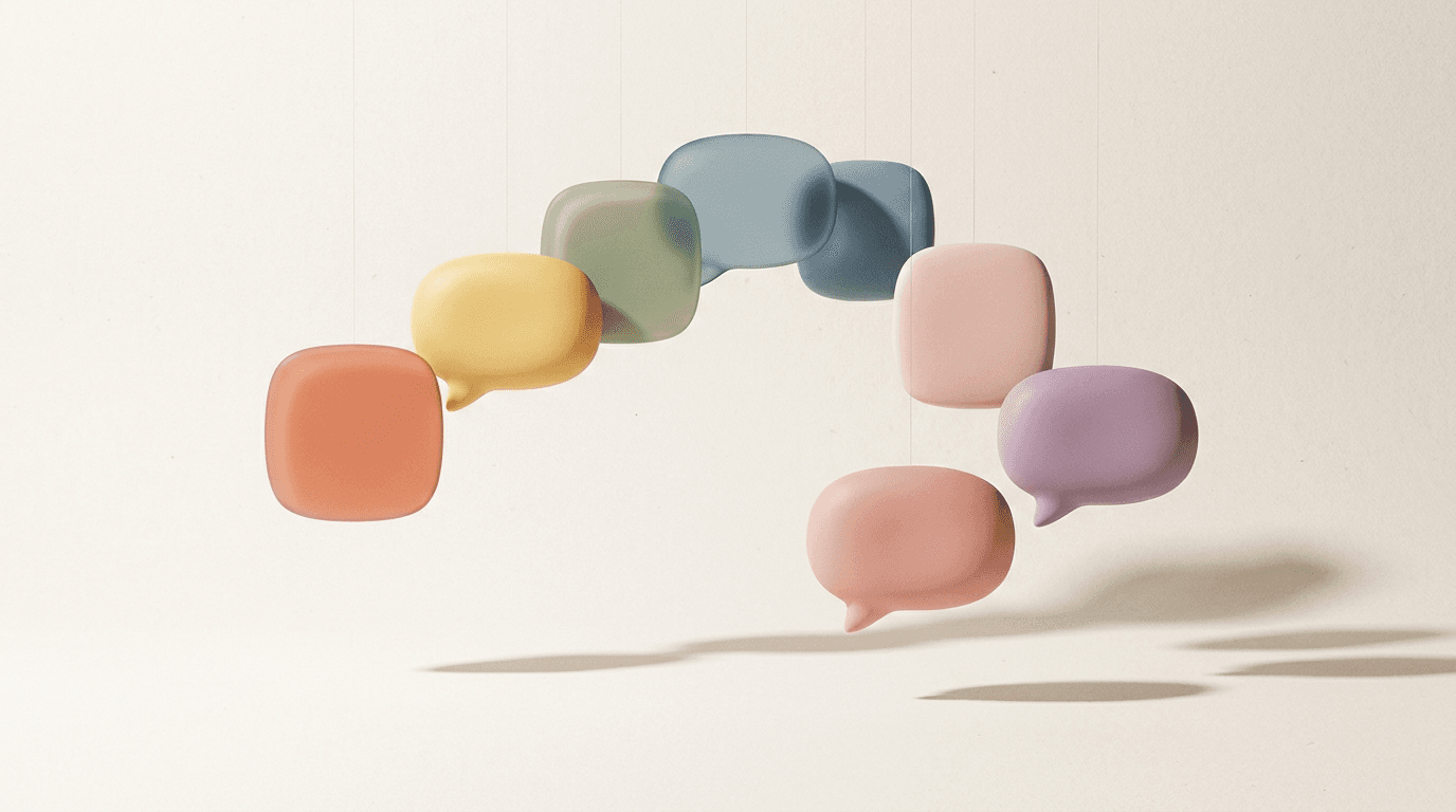 A warm arc of speech bubbles in the Sayella colours on a cream background, representing many different voices.