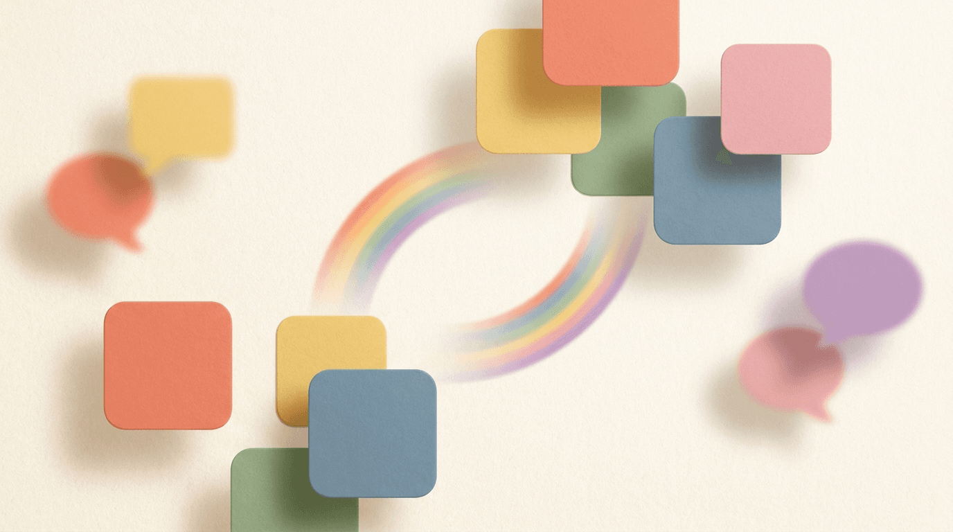 A second arrangement of soft speech bubbles in the Sayella palette on a warm cream background.