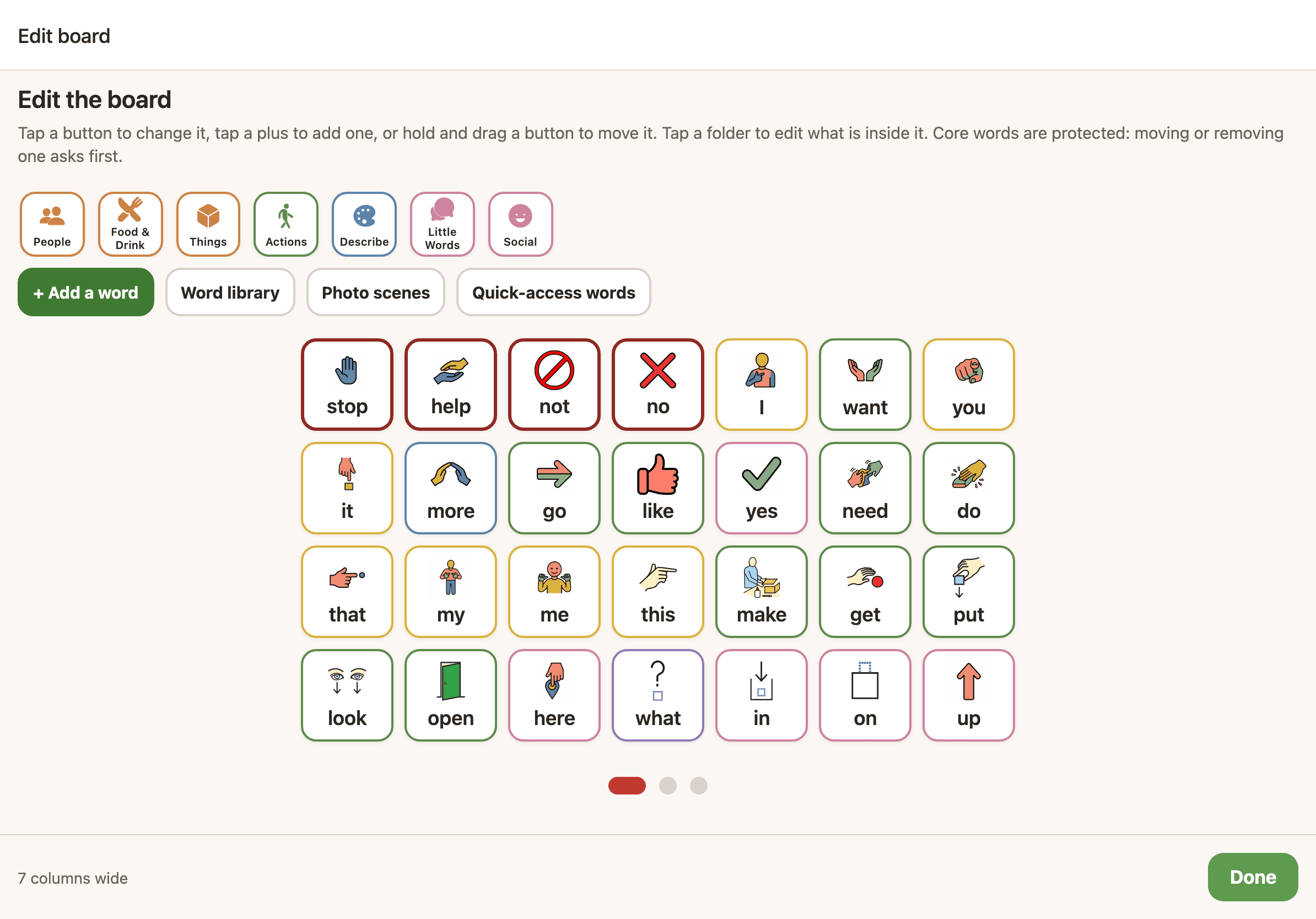 The Sayella board editor on an iPad, arranging vocabulary buttons by drag and drop.