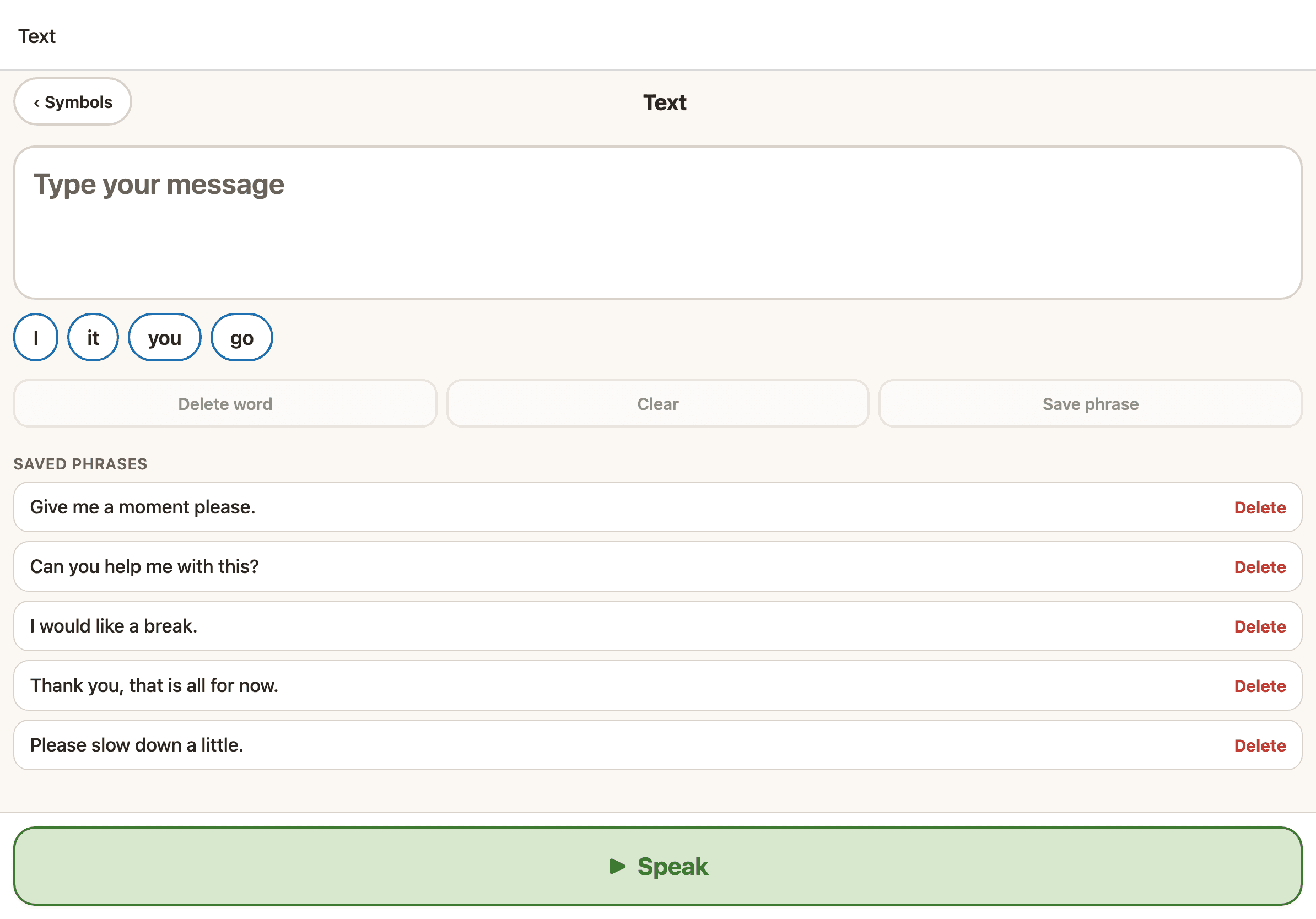 The Sayella text and keyboard mode on an iPad, with word prediction for literate communicators.