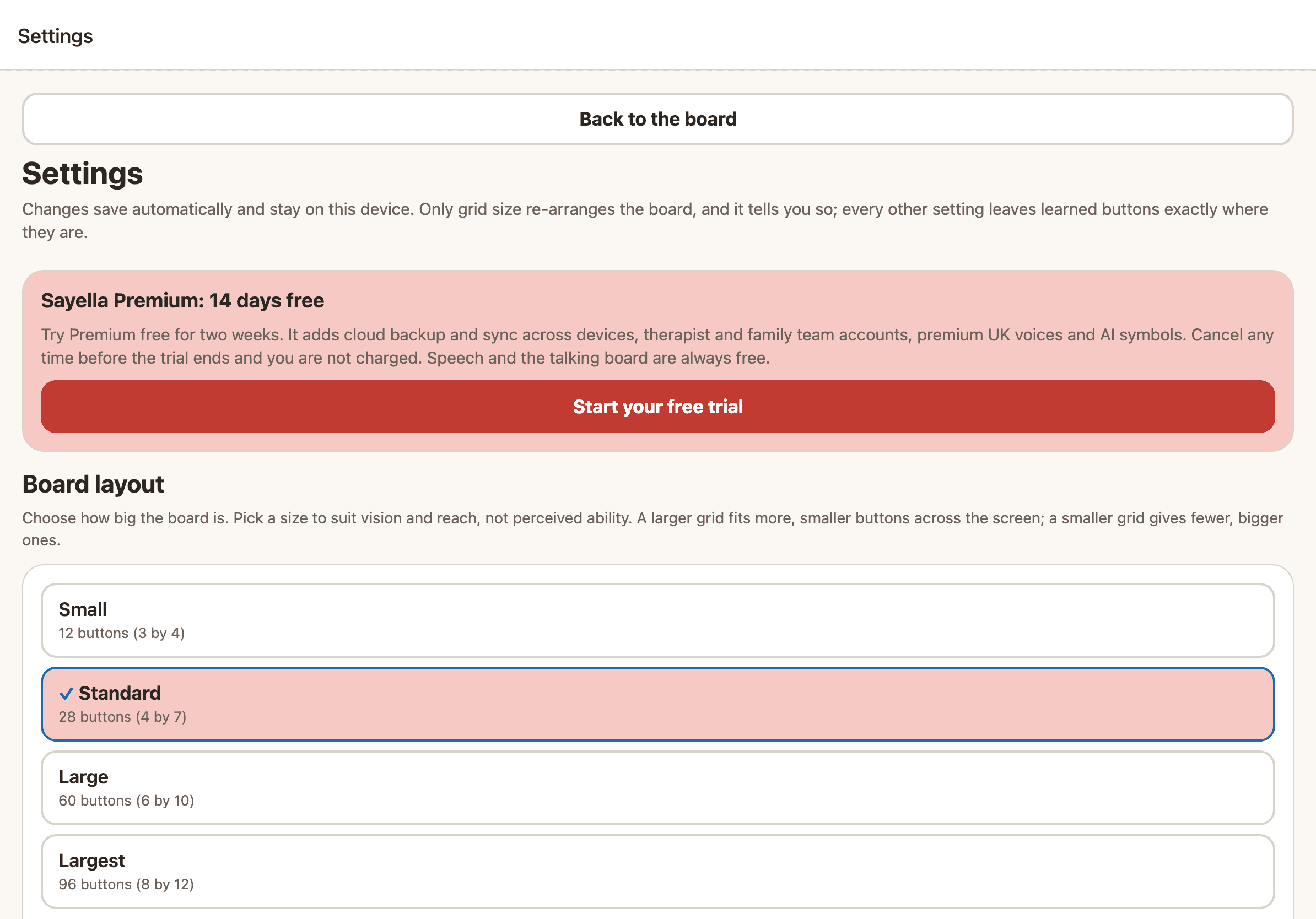 The Sayella settings screen on an iPad, showing options for grid size, themes and access.