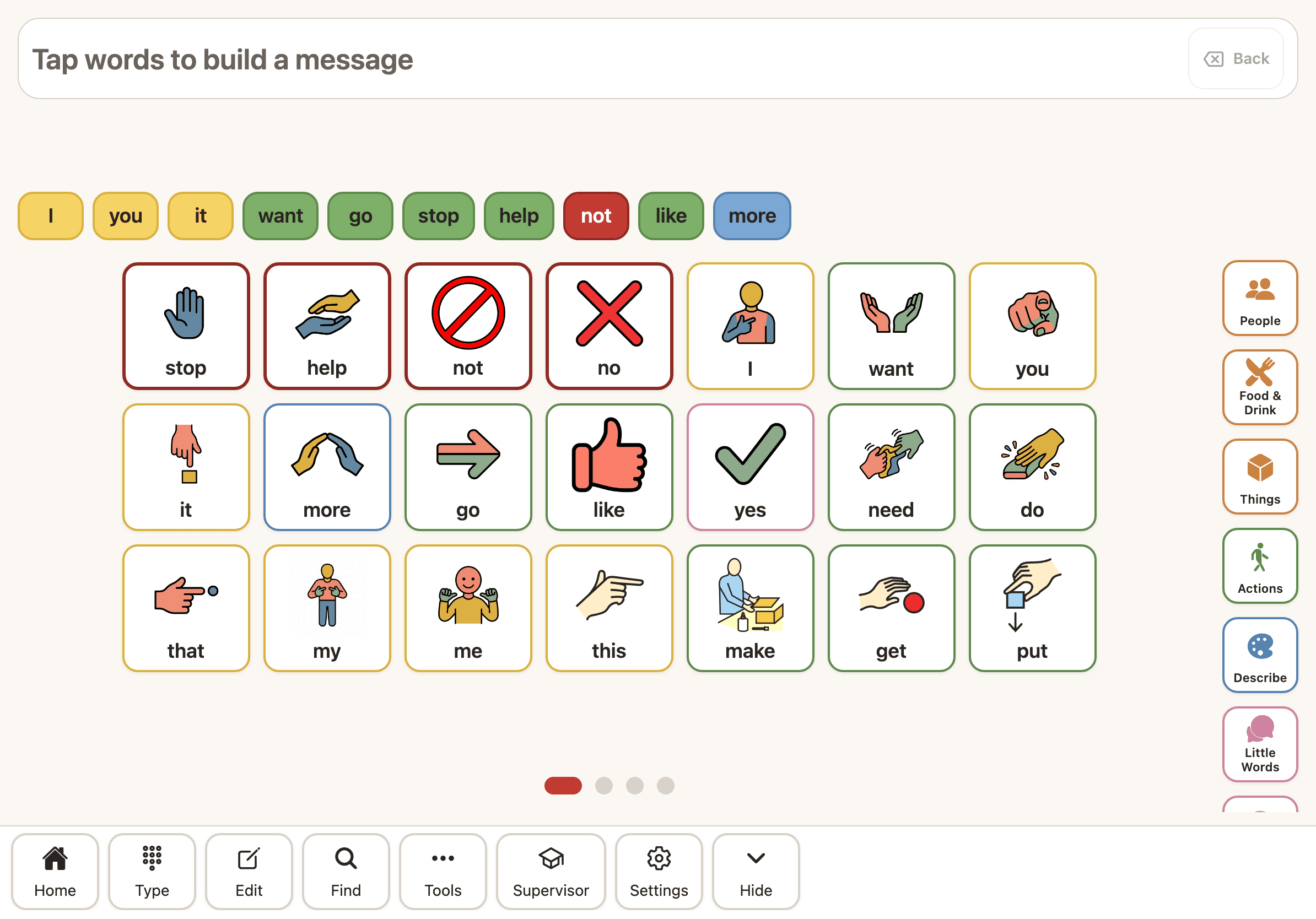 The Sayella talk board on an iPad with a colour-coded core vocabulary grid and an empty message bar.
