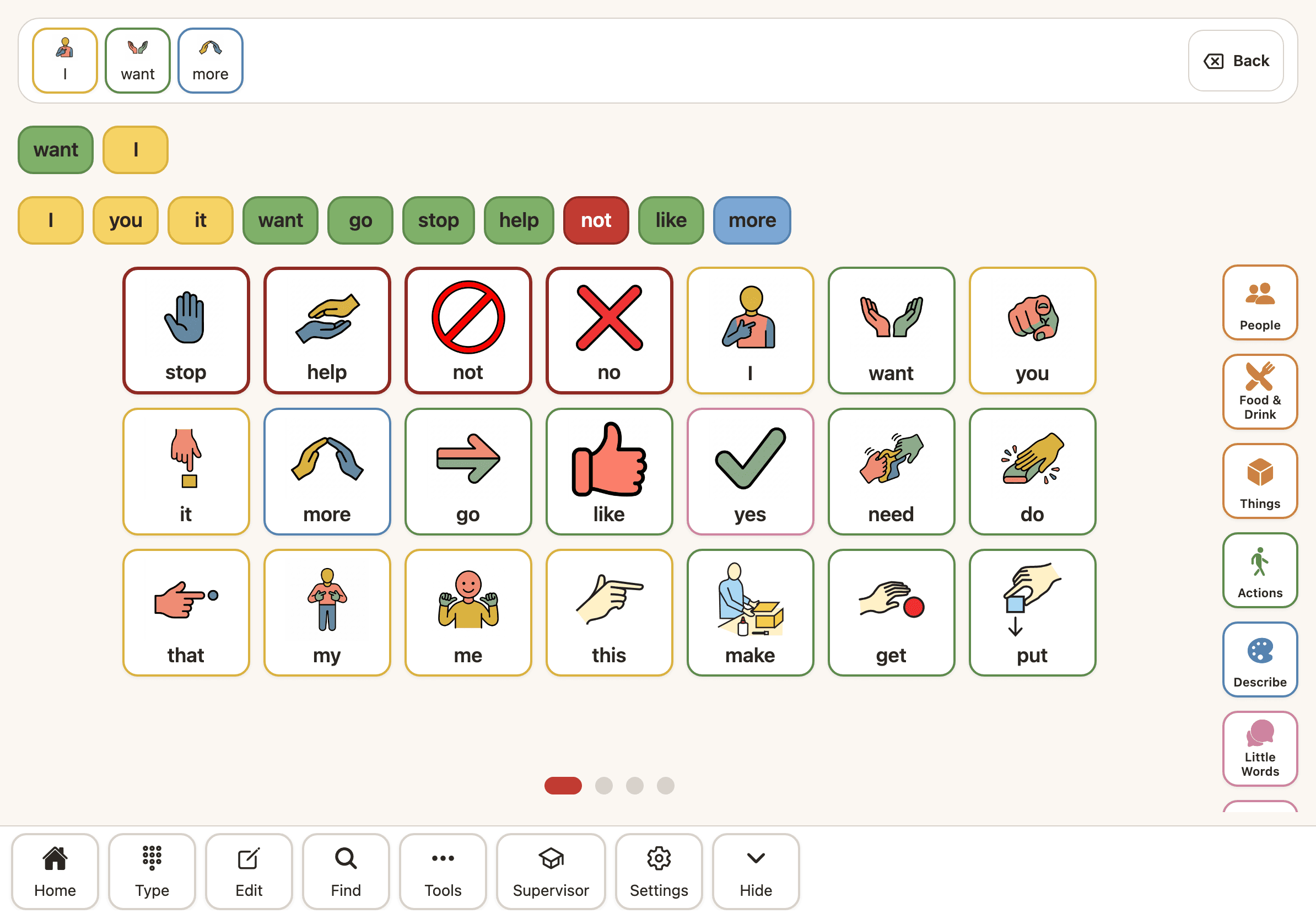 The Sayella AAC talk screen on an iPad, showing a colour-coded vocabulary grid and a composed message in the bar at the top.